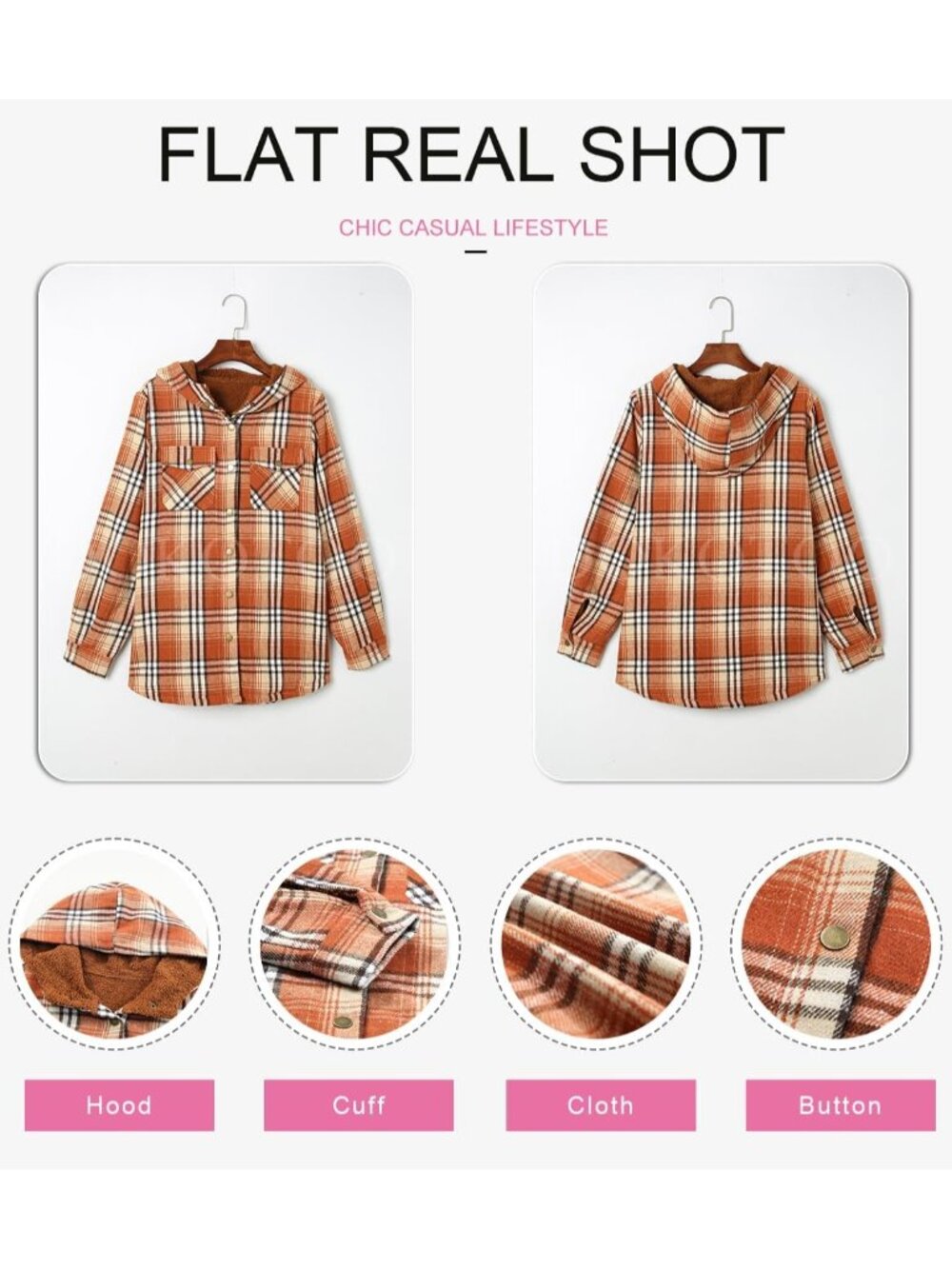 〽️Women's Orange Plaid Fleece Lined Hooded Shacket with Pockets - Picture 5 of 6